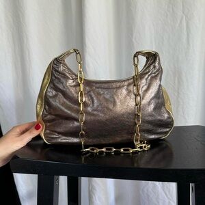 Rare vintage - 80s Metallic color blocked shoulder purse with gold chain